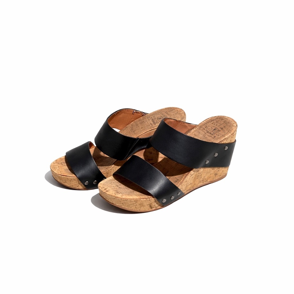 Lucky Brand Magnolia Cork Wedge Sandals Black Leather Slides Boho Comfort Size 8 - Picture 2 of 13
